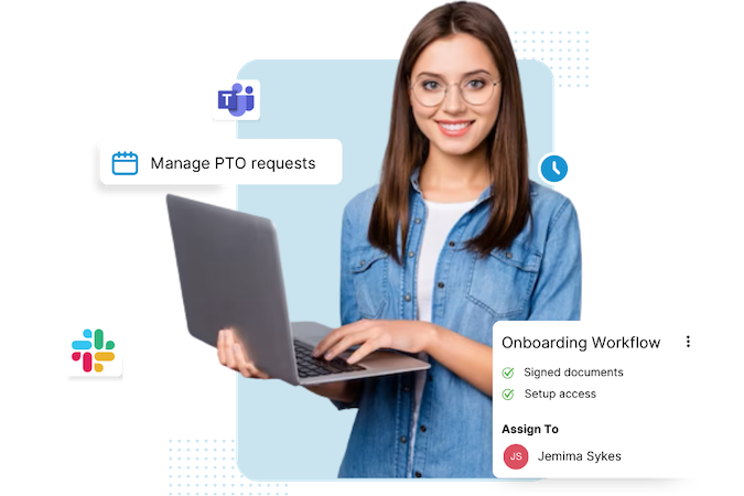 A woman wearing glasses in a blue shirt holding a laptop displaying the text 'Manage PTO Requests,' and 'Onboarding Workflow' showing the HR Geckos helpdesk in action with various integrations to Slack, MS Teams, and time-scheduling applications.